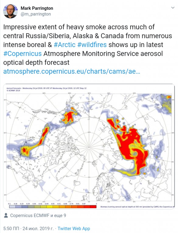 Пожары в Арктике видны из космоса