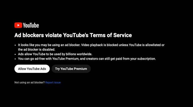 YouTube не дает смотреть видео, если у пользователя блокировщик рекламы