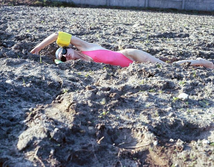Забавные фото девушки, плывущей по полю с картошкой
